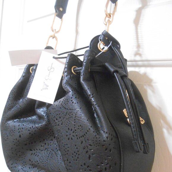 NEW BLK JESSICA SIMPSON HOLLIS HOBO FAUX LEATHER PURSE BAG GOLD BUTTERFLY CHARM - Picture 3 of 15